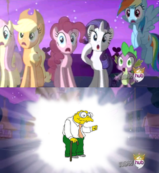 Size: 460x500 | Tagged: safe, applejack, fluttershy, pinkie pie, rainbow dash, rarity, spike, g4, alicorn flash, exploitable meme, hans moleman, hub logo, male, meme, the simpsons