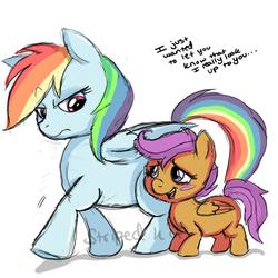 Size: 500x500 | Tagged: safe, artist:thestripedkit, rainbow dash, scootaloo, g4, dialogue, fangasm