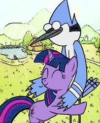 Size: 434x534 | Tagged: safe, twilight sparkle, bird, anthro, g4, crossover, hug, male, mordecai, mordetwi, regular show, shipping