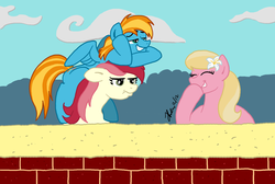 Size: 1000x671 | Tagged: safe, artist:the_gneech, lily, lily valley, roseluck, oc, pegasus, pony, g4