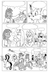 Size: 685x1000 | Tagged: safe, artist:kensingshow, applejack, fluttershy, pinkie pie, rainbow dash, rarity, twilight sparkle, anthro, g4, black and white, comic, grayscale, mane six, parody