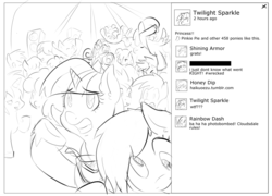 Size: 1199x862 | Tagged: safe, artist:sweethd, derpy hooves, pinkie pie, rainbow dash, rarity, shining armor, twilight sparkle, oc, oc:honey dip, alicorn, pony, g4, 30 minute art challenge, monochrome, photobomb, twilight sparkle (alicorn)