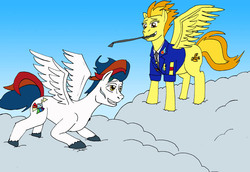 Size: 1000x689 | Tagged: safe, artist:wolfman-al, spitfire, oc, oc:rainshine, g4, cloud, riding crop