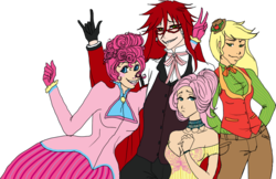 Size: 996x647 | Tagged: safe, artist:sphinxette, applejack, fluttershy, pinkie pie, human, g4, black butler, clothes, crossover, dress, female, grell, grell sutcliff, humanized, kuroshitsuji, male, request, simple background, transparent background