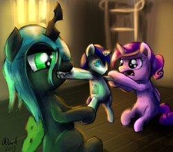 Size: 4000x3500 | Tagged: dead source, safe, artist:duh-veed, princess cadance, queen chrysalis, shining armor, alicorn, changeling, changeling queen, nymph, pony, g4, cute, cutealis, cutedance, female, filly, filly cadance, plushie, shining armor plushie, younger