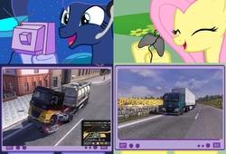 Size: 1018x692 | Tagged: safe, fluttershy, princess luna, pegasus, pony, gamer luna, g4, car crash, euro truck simulator 2, exploitable meme, female, gamer meme, gamershy, mare, sunflower, tv meme