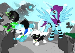 Size: 4961x3508 | Tagged: safe, artist:teengirl, alicorn, changeling, pony, clockwork, crossover, danny phantom, frostbite, wulf