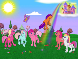 Size: 800x600 | Tagged: safe, ivy, light heart, morning glory (g2), sundance (g2), sunsparkle, sweet berry, butterfly, earth pony, pony, g2, my little pony: friendship gardens, apple, butt, castle, core four, food, goodbye, pc game, plot, ponyland, rainbow, smiling, sun, tree, video game