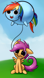 Size: 1039x1818 | Tagged: safe, artist:underpable, rainbow dash, scootaloo, g4, balloon, mouth hold, poo brain, string, tongue out