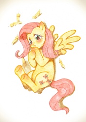 Size: 1033x1460 | Tagged: dead source, safe, artist:hotomura, fluttershy, pegasus, pony, g4, blushing, cute, feather, female, lying down, mare, on side, pixiv, shyabetes, solo