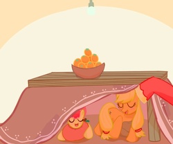 Size: 600x500 | Tagged: safe, artist:nyankamedon, apple bloom, applejack, big macintosh, earth pony, pony, g4, bowl, kotatsu, male, orange, pixiv, stallion, table, tablecloth