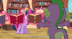 Size: 1595x865 | Tagged: safe, screencap, spike, twilight sparkle, g4, big crown thingy, book, golden oaks library, youtube caption, youtube link