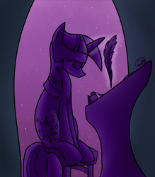 Size: 875x1000 | Tagged: safe, artist:lou3797, twilight sparkle, pony, unicorn, g4, female, inkwell, mare, night, quill, solo