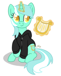 Size: 720x900 | Tagged: safe, artist:oomles, lyra heartstrings, pony, unicorn, fanfic:background pony, g4, clothes, colored pupils, female, hoodie, levitation, lyre, magic, musical instrument, raised hoof, simple background, sitting, smiling, solo, telekinesis, transparent background