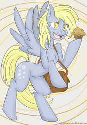 Size: 1560x2246 | Tagged: safe, artist:azusakurotsuchi, derpy hooves, pegasus, pony, g4, female, mailbag, mare, muffin, solo, that pony sure does love muffins