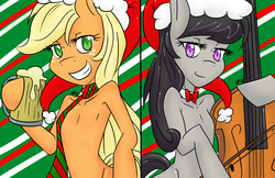 Size: 1700x1102 | Tagged: safe, artist:azusakurotsuchi, applejack, octavia melody, pony, g4, bipedal, cello, christmas, cider, clothes, hat, musical instrument, scarf