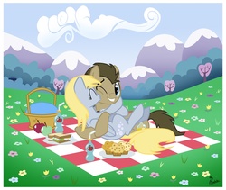 Size: 1052x886 | Tagged: safe, artist:thephoebster, derpy hooves, doctor whooves, time turner, pegasus, pony, g4, female, kissing, male, mare, muffin, picnic, sandwich, ship:doctorderpy, shipping, straight