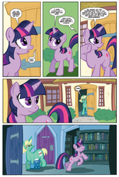 Size: 706x1050 | Tagged: safe, artist:thom zahler, idw, official comic, jade singer, summer mane, twilight sparkle, pony, unicorn, g4, micro-series #1, my little pony micro-series, book, comic, female, glasses, mare