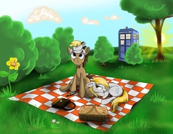 Size: 1548x1200 | Tagged: dead source, safe, artist:hereticofdune, derpy hooves, dinky hooves, doctor whooves, time turner, g4, female, filly, male, picnic, scenery, ship:doctorderpy, shipping, sonic screwdriver, straight, tardis