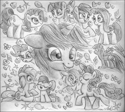 Size: 1004x904 | Tagged: safe, artist:deathcutlet, apple bloom, applejack, derpy hooves, fluttershy, lyra heartstrings, pinkie pie, rainbow dash, rarity, spike, twilight sparkle, pegasus, pony, g4, female, mane seven, mane six, mare, traditional art