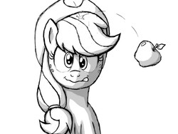 Size: 1600x1200 | Tagged: safe, artist:yorik-cz, applejack, earth pony, pony, g4, apple, bouncing, derp, female, grayscale, isaac newton, knocked silly, monochrome, silly, silly pony, sir isaac newton, solo, tongue out, who's a silly pony