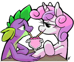 Size: 488x411 | Tagged: safe, artist:xxmentalincxx, spike, sweetie belle, female, interspecies, male, milkshake, older, sharing a drink, shipping, spikebelle, straight, straw, table