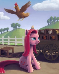 Size: 1440x1800 | Tagged: safe, artist:dahtamnay, pinkie pie, chicken, g4, magical mystery cure, cart, egg, farm, pinkamena diane pie, pinkamena egghead pie, swapped cutie marks