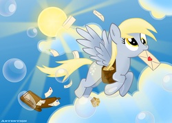 Size: 1920x1376 | Tagged: safe, artist:artention, derpy hooves, pegasus, pony, g4, bubble, female, flying, letter, mail, mailbag, mare, mouth hold, muffin, saddle bag, sky, solo, sun