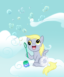 Size: 1000x1200 | Tagged: safe, artist:nana-z, derpy hooves, pony, g4, bubble, bubble blower, cloud, cloudy, cutie mark, female, filly, soap bubble, solo, younger