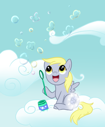 Size: 1000x1200 | Tagged: safe, artist:nana-z, derpy hooves, pegasus, pony, g4, bubble, bubble blower, cloud, cloudy, cutie mark, cutiespark, female, filly, foal, soap bubble, solo, underp, younger