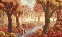 Size: 3623x2200 | Tagged: safe, artist:morevespenegas, fluttershy, pegasus, pony, g4, autumn, bush, female, forest, leaves, mare, scenery, solo, tree