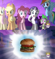 Size: 638x693 | Tagged: safe, applejack, fluttershy, pinkie pie, rainbow dash, rarity, spike, g4, alicorn flash, burger, creepy, exploitable meme, hub logo, krabby patty, krusty krab training video, meme, spongebob squarepants