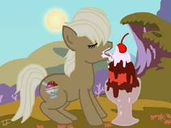 Size: 1024x768 | Tagged: safe, artist:themeaningofj, lickety split, pony, g1, g4, ice cream, licking, scene interpretation, solo, sundae