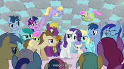 Size: 765x426 | Tagged: safe, screencap, alula, berry punch, berryshine, blues, bon bon, carrot top, cloud kicker, crescent pony, golden harvest, goldengrape, grape crush, mane moon, merry may, minuette, noteworthy, pluto, rarity, sassaflash, sir colton vines iii, spring melody, sprinkle medley, sunshower raindrops, sweetie drops, time flies, twilight sparkle, earth pony, pegasus, pony, unicorn, g4, magical mystery cure, animation error, background pony, female, filly, male, mare, stallion, swapped cutie marks, wingless, youtube caption