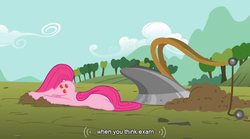 Size: 761x423 | Tagged: safe, screencap, pinkie pie, g4, magical mystery cure, faceplant, pinkamena diane pie, swapped cutie marks, youtube caption