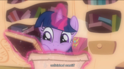 Size: 762x426 | Tagged: safe, screencap, twilight sparkle, g4, magical mystery cure, book, element of generosity, element of laughter, element of magic, fangasm, golden oaks library, nerdgasm, youtube caption