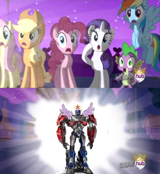 Size: 1104x1200 | Tagged: safe, applejack, fluttershy, pinkie pie, rainbow dash, rarity, spike, g4, alicorn flash, exploitable meme, hub logo, meme, optimus prime, transformers, transformers prime