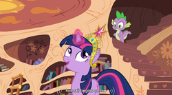 Size: 766x422 | Tagged: safe, screencap, spike, twilight sparkle, g4, magical mystery cure, big crown thingy, youtube caption