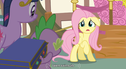 Size: 764x423 | Tagged: safe, screencap, fluttershy, spike, twilight sparkle, g4, magical mystery cure, youtube caption