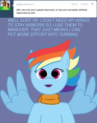 Size: 629x800 | Tagged: safe, rainbow dash, g4, alternate hairstyle, ask, blue background, bust, cyborg 009, front view, looking at you, no catchlights, simple background, solo, spread wings, tumblr, wings