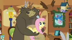 Size: 761x423 | Tagged: safe, screencap, fluttershy, harry, bear, bird, pegasus, pony, rabbit, g4, magical mystery cure, season 3, animal, youtube caption