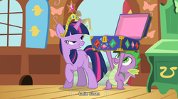 Size: 764x424 | Tagged: safe, edit, edited screencap, screencap, spike, twilight sparkle, g4, magical mystery cure, bedroom eyes, big crown thingy, caption, youtube caption