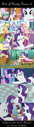 Size: 1424x5305 | Tagged: safe, edit, edited screencap, screencap, applejack, fluttershy, pinkie pie, rainbow dash, rarity, spike, sweetie belle, twilight sparkle, g4, games ponies play, magical mystery cure, sleepless in ponyville, the crystal empire, bipedal, clothes, comic, dress, fainting couch, hair pulling, head pat, holding, holding a dragon, luggage, mane seven, mane six, pat, rarity tugs her mane, scarf, screencap comic, snow, squishy cheeks, swapped cutie marks, sweat, sweating profusely, what my cutie mark is telling me