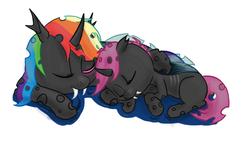 Size: 1419x824 | Tagged: artist needed, source needed, safe, rainbow dash, scootaloo, changeling, g4, changelingified, dashling, eyes closed, fangs, female, lying down, scootaling, scootalove, scootling, simple background, sleeping, sleeping together, species swap, white background
