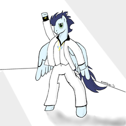 Size: 1000x1000 | Tagged: safe, artist:acceleron, soarin', pegasus, pony, g4, clothes, disco dance, john travolta, male, parody, saturday night fever, solo, stallion, suit, tony manero