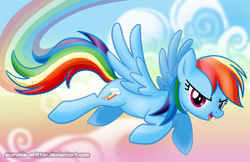 Size: 1023x662 | Tagged: safe, artist:scorchie-critter, rainbow dash, pony, g4, female, flying, solo