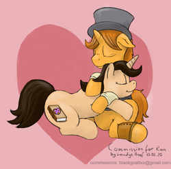 Size: 1000x988 | Tagged: safe, artist:smudge proof, oc, oc only, pony, unicorn, commission, cuddling, gay, hat, male, top hat