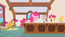 Size: 1440x810 | Tagged: safe, artist:acceleron, apple bloom, pinkie pie, scootaloo, sweetie belle, g4, cutie mark crusaders