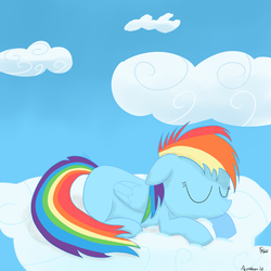 Size: 1000x1000 | Tagged: safe, artist:acceleron, rainbow dash, pony, g4, cloud, cloudy, female, filly, filly rainbow dash, sleeping, solo, younger