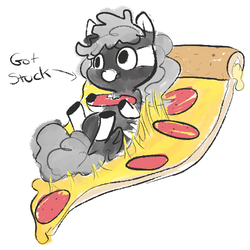 Size: 500x500 | Tagged: safe, artist:mt, oc, oc only, oc:minituffs, pony, zebra, eating, food, meat, messy, micro, minituffs, pepperoni, pepperoni pizza, pizza, scrunchy face, solo, stuck, zebras eating meat